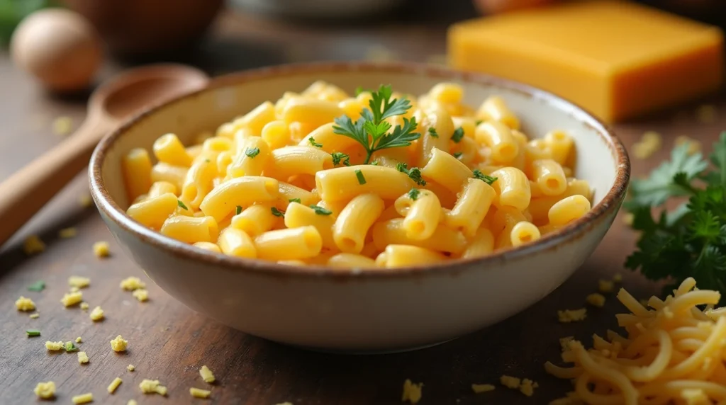 Ingredients for mac and cheese: pasta, cheese, butter, and milk.