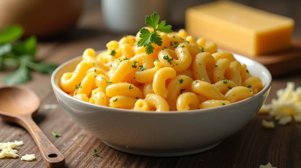 Baked mac and cheese with golden breadcrumbs on top.